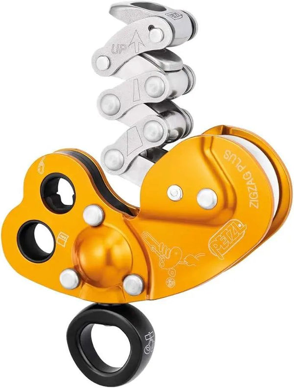Petzl Zigzag Plus yellow steel descender for arborists with sealed pulley and friction chain, model D022BA00.