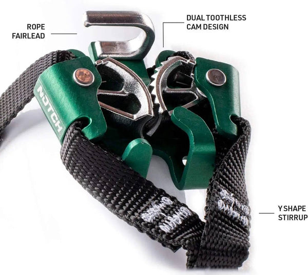Notch Jet Step foot ascender with dual cam design for reduced rope wear and improved climbing efficiency