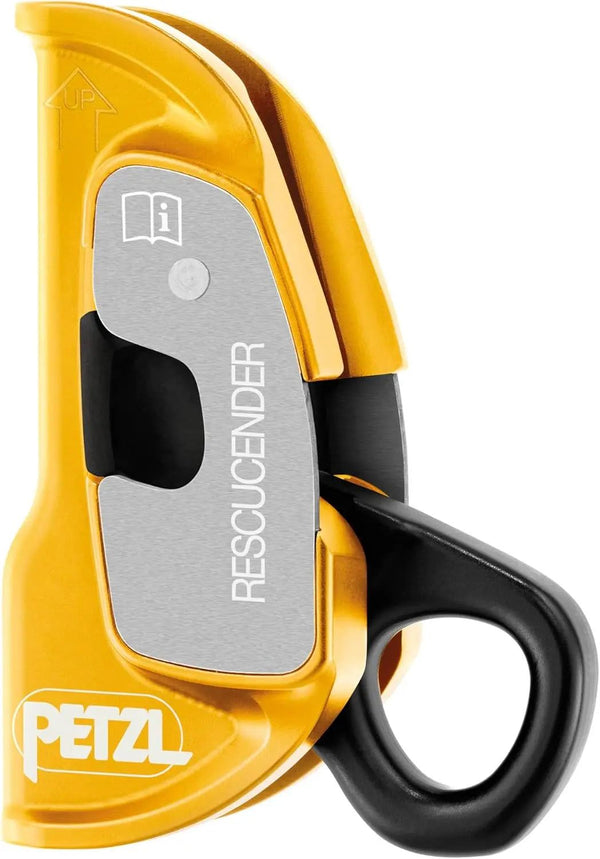Petzl Rescucender B50A yellow cam-loaded rope clamp for climbing and rescue with safety catches and large attachment hole