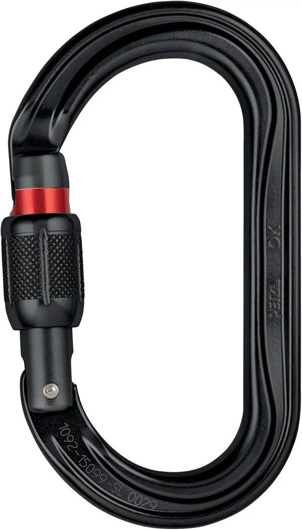 Petzl OK Oval Aluminum Carabiner symmetrical black screw-lock climbing tool with red indicator