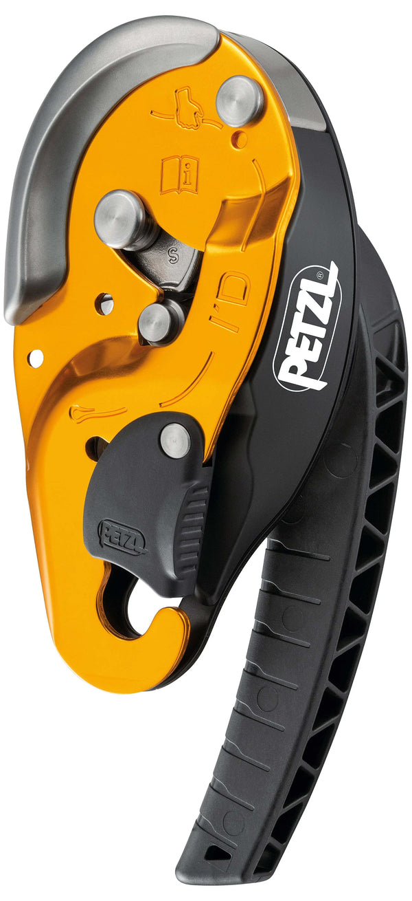 Yellow PETZL I'D S Descender for safe rope access and controlled descents